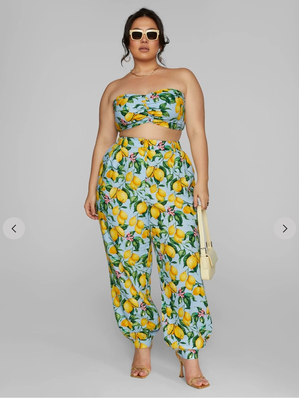 Fashion to Figure Skye Printed Lemon Print Wide Leg Pants - Yellow/Blue NWT